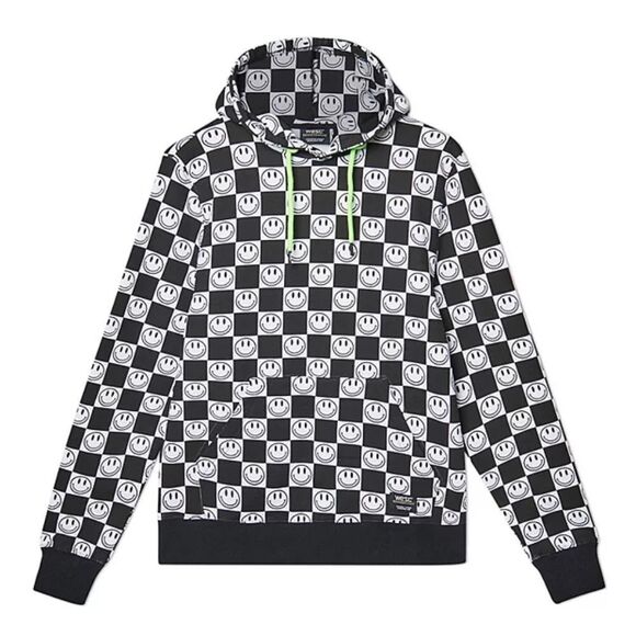 Wesc Mike Checkerboard Smiley Face Pullover Hoodie Black Noir NWT XL - Picture 1 of 12